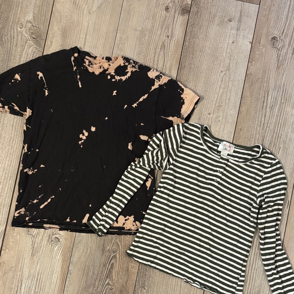 Black Dyed Girls Tee-Shirt Size 10-12 & Hunter Green Striped Long Sleeve Henley